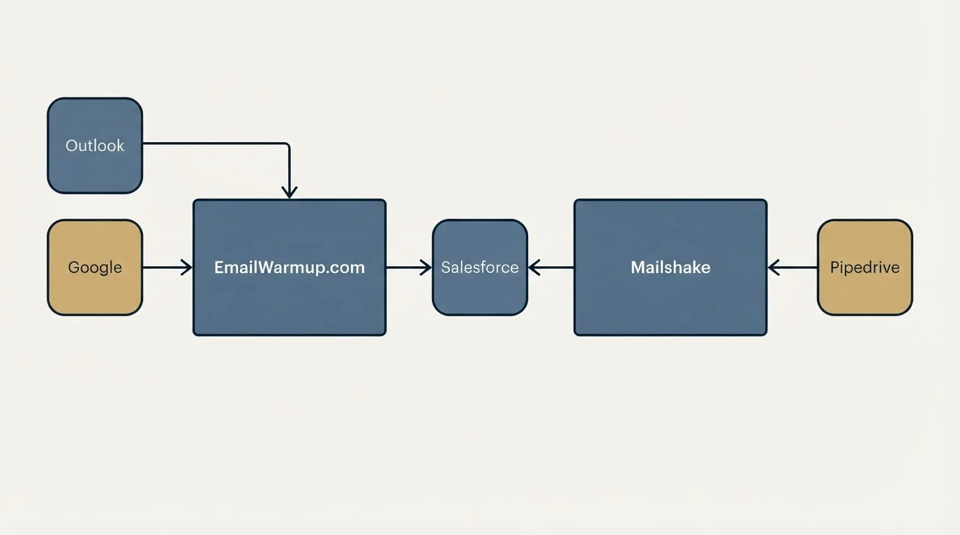 Integration flow: Integration Ecosystem (EmailWarmup.com, Mailshake, Salesforce, Google)