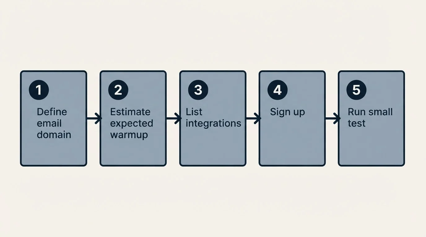 Step sequence: Getting Started Checklist (Define email domain, Estimate expected warmup, List integrations, Sign up)