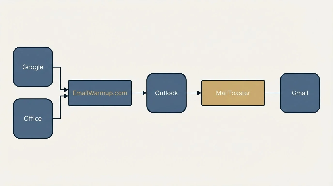 Integration schematic: Integration Ecosystem (EmailWarmup.com, MailToaster, Outlook, Google)