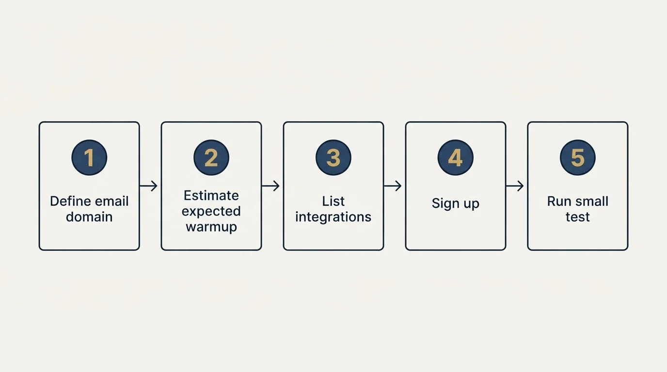 Step sequence: Getting Started Checklist (Define email domain, Estimate expected warmup, List integrations, Sign up)