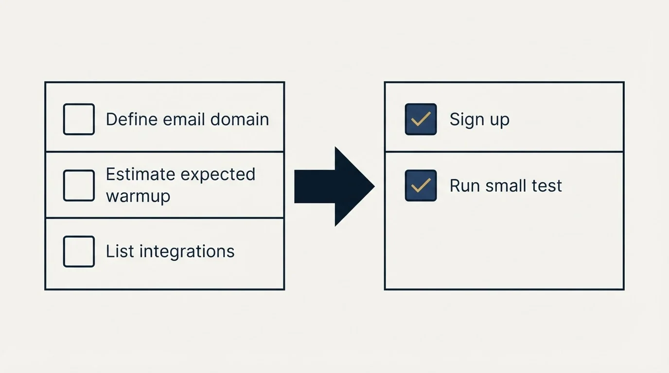 Before-and-after steps: Getting Started Checklist (Define email domain, Estimate expected warmup, List integrations, Sign up)