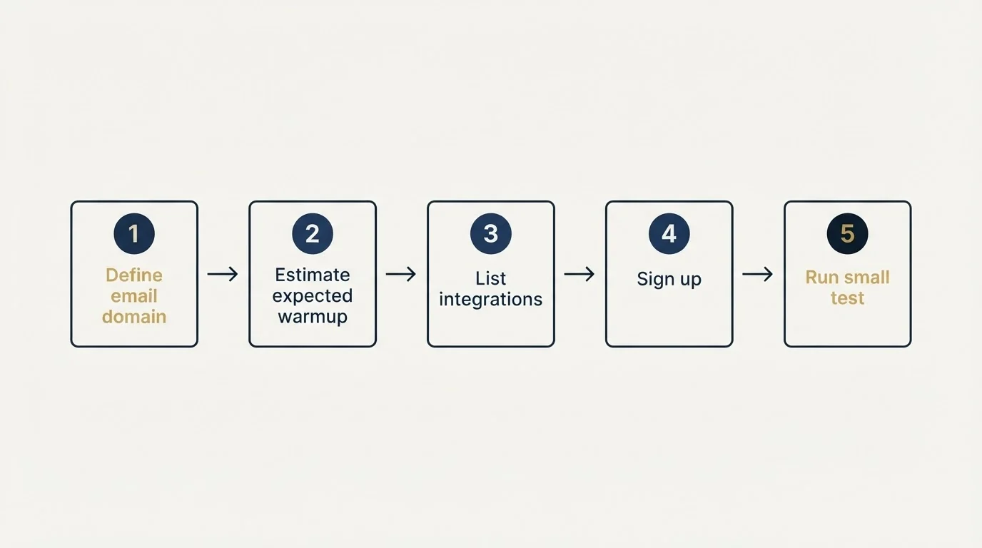Step sequence: Getting Started Checklist (Define email domain, Estimate expected warmup, List integrations, Sign up)