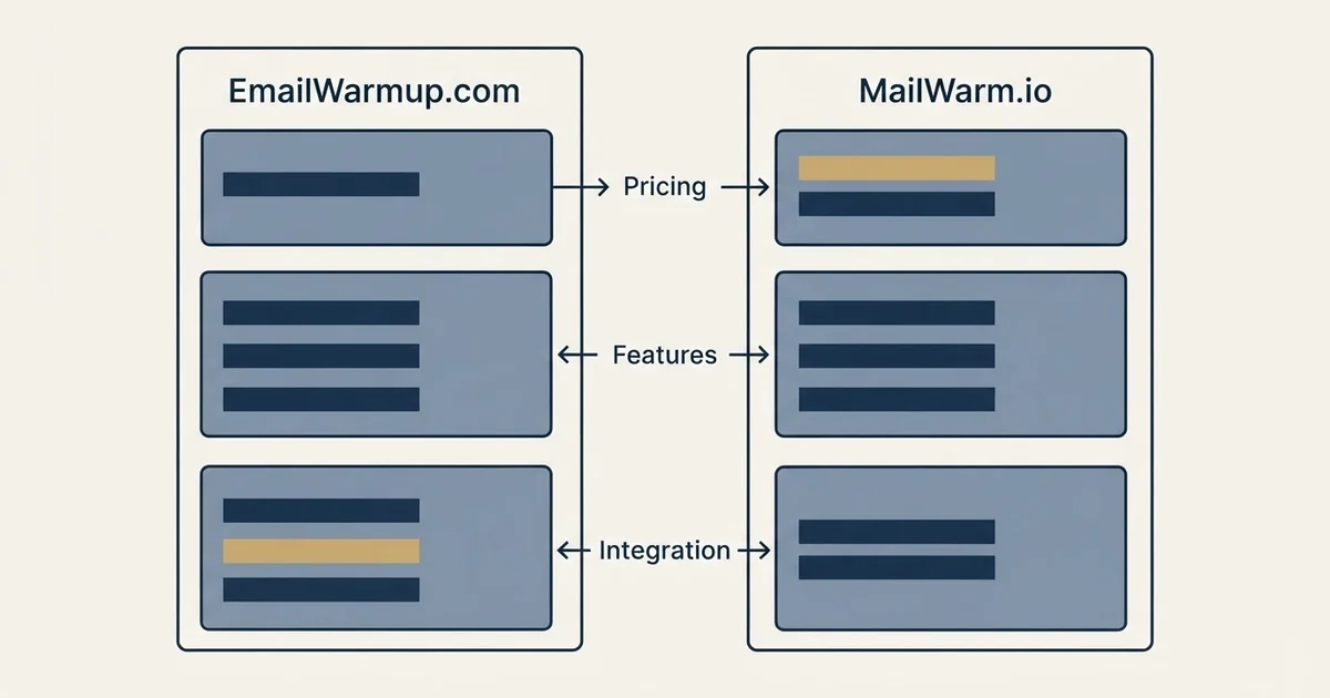 Comparison panel: EmailWarmup.com vs MailWarm.io (Pricing, Features, Integration)