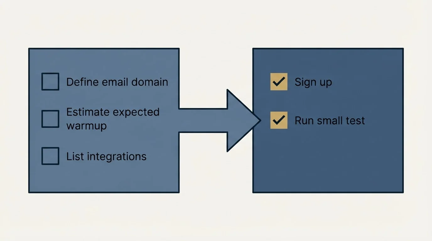 Before-and-after steps: Getting Started Checklist (Define email domain, Estimate expected warmup, List integrations, Sign up)
