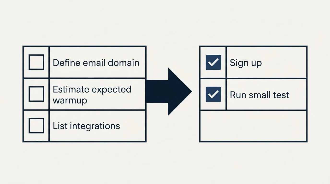 Before-and-after steps: Getting Started Checklist (Define email domain, Estimate expected warmup, List integrations, Sign up)