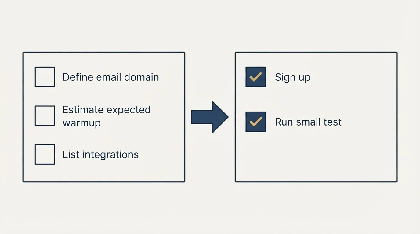 Before-and-after steps: Getting Started Checklist (Define email domain, Estimate expected warmup, List integrations, Sign up)