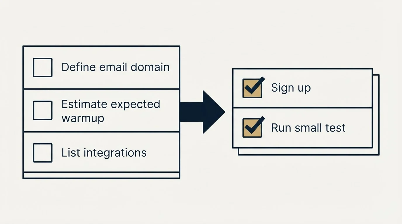 Before-and-after steps: Getting Started Checklist (Define email domain, Estimate expected warmup, List integrations, Sign up)