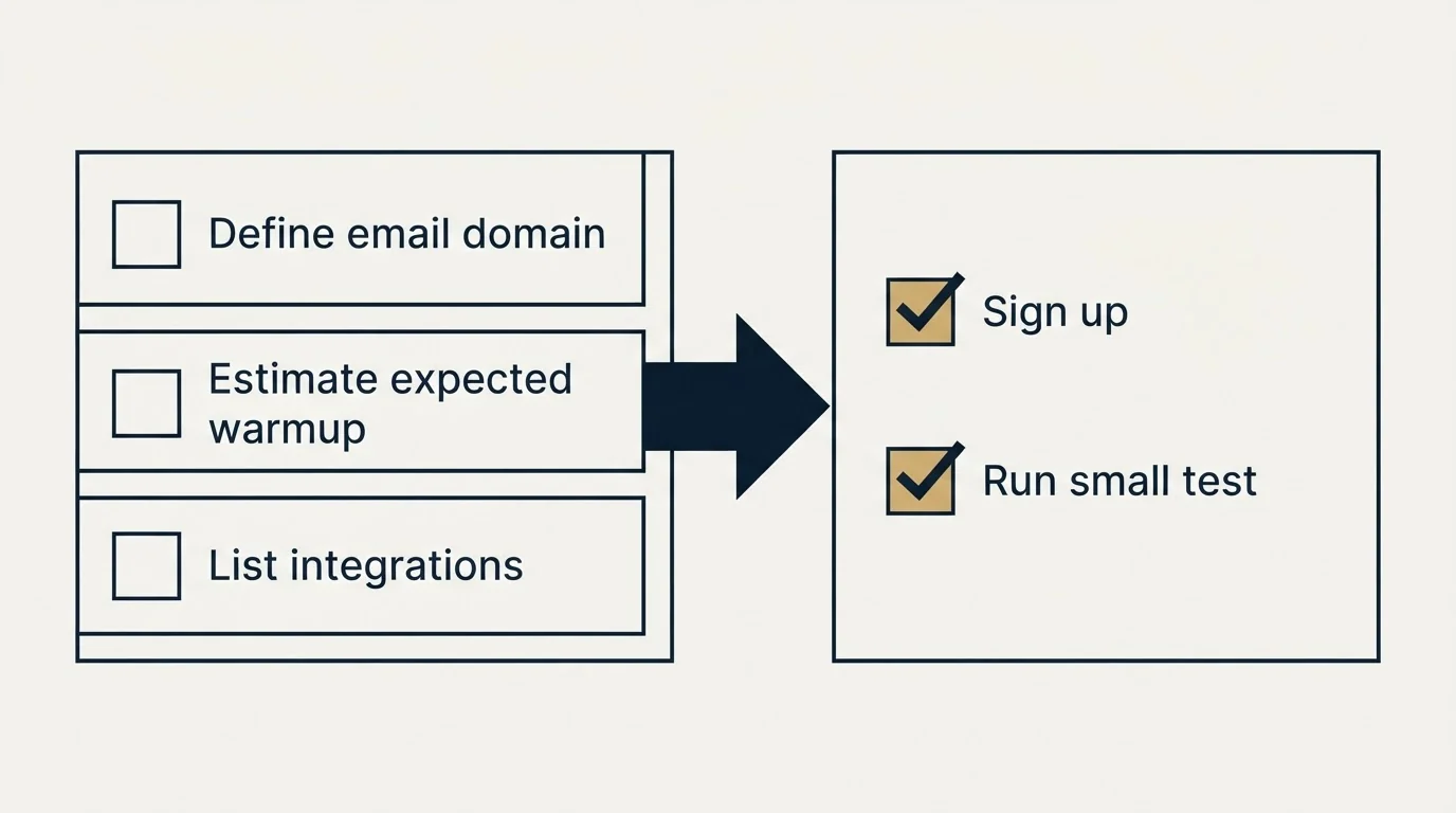 Before-and-after steps: Getting Started Checklist (Define email domain, Estimate expected warmup, List integrations, Sign up)