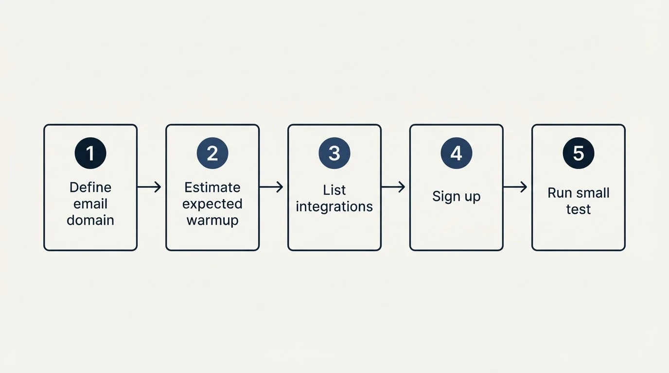 Step sequence: Getting Started Checklist (Define email domain, Estimate expected warmup, List integrations, Sign up)