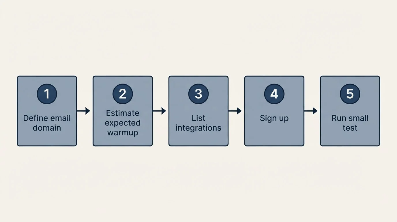 Step sequence: Getting Started Checklist (Define email domain, Estimate expected warmup, List integrations, Sign up)