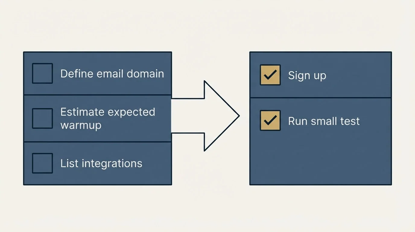 Before-and-after steps: Getting Started Checklist (Define email domain, Estimate expected warmup, List integrations, Sign up)