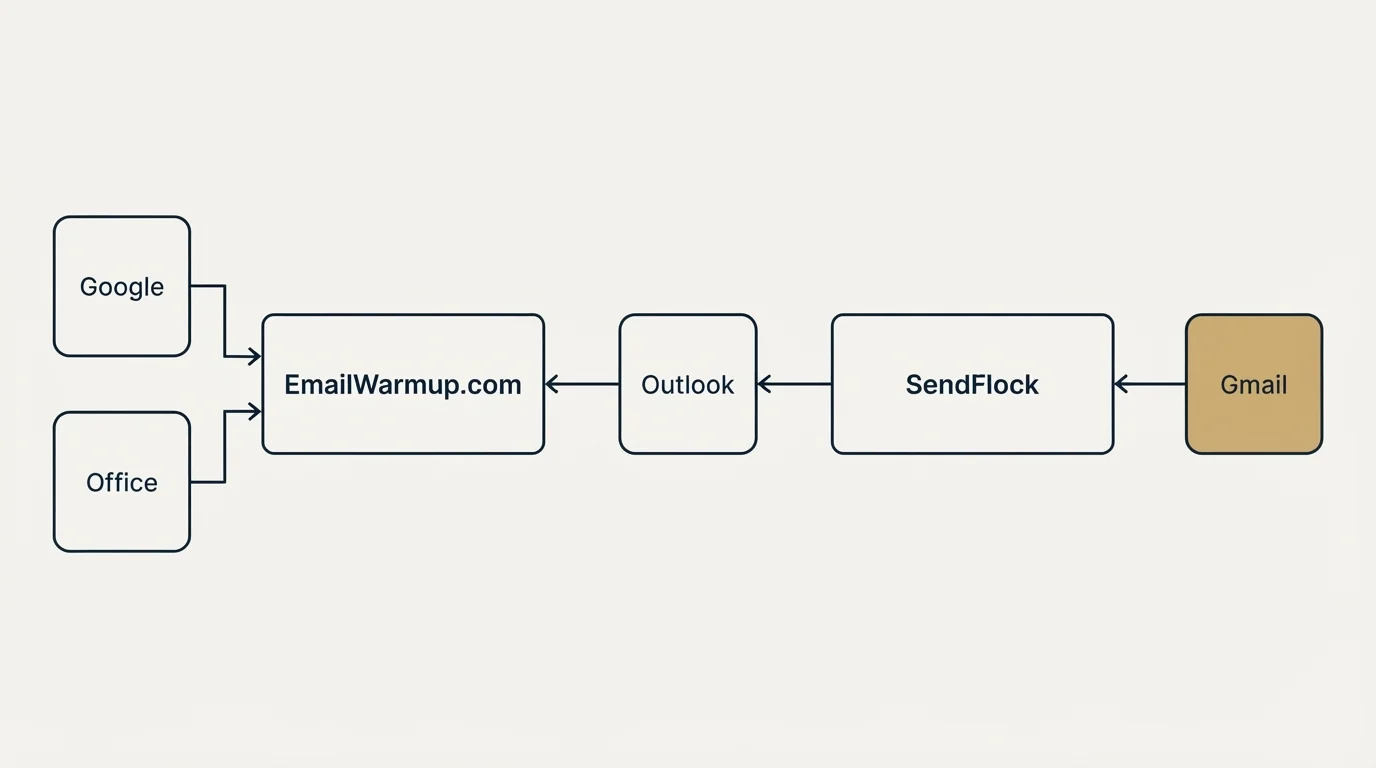Integration flow: Integration Ecosystem (EmailWarmup.com, SendFlock, Outlook, Google)