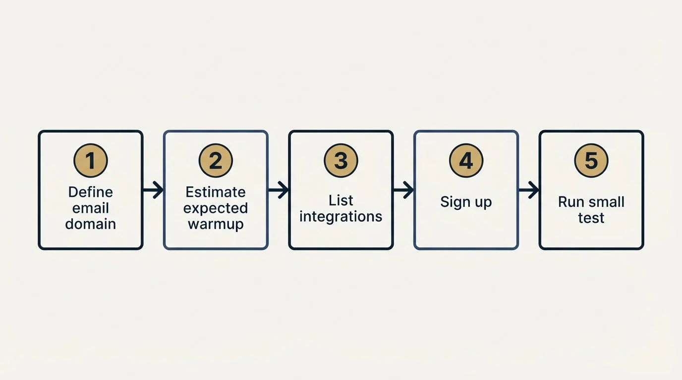 Step sequence: Getting Started Checklist (Define email domain, Estimate expected warmup, List integrations, Sign up)