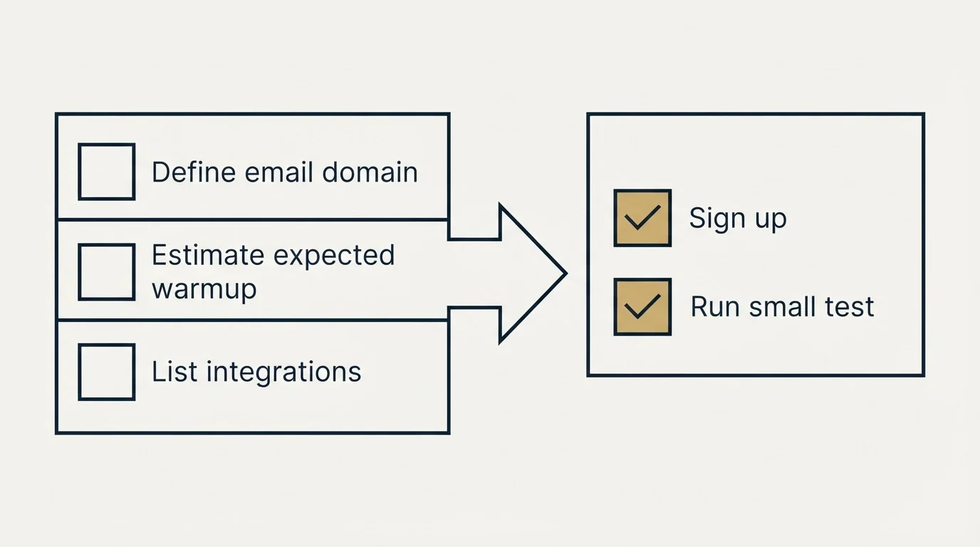 Before-and-after steps: Getting Started Checklist (Define email domain, Estimate expected warmup, List integrations, Sign up)