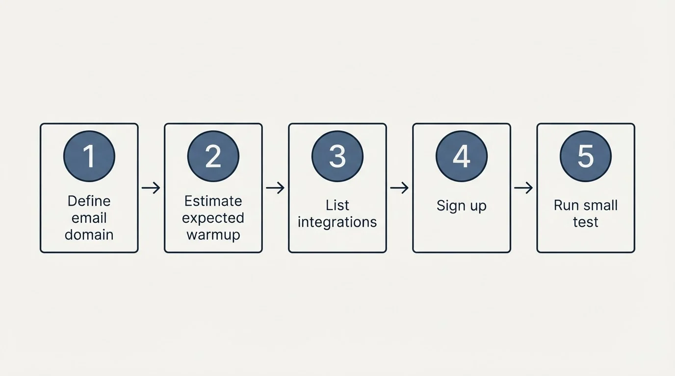 Step sequence: Getting Started Checklist (Define email domain, Estimate expected warmup, List integrations, Sign up)