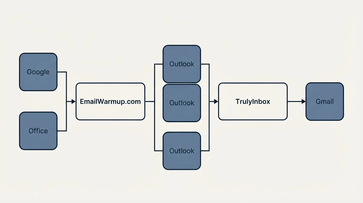 Integration flow: Integration Ecosystem (EmailWarmup.com, TrulyInbox, Outlook, Google)