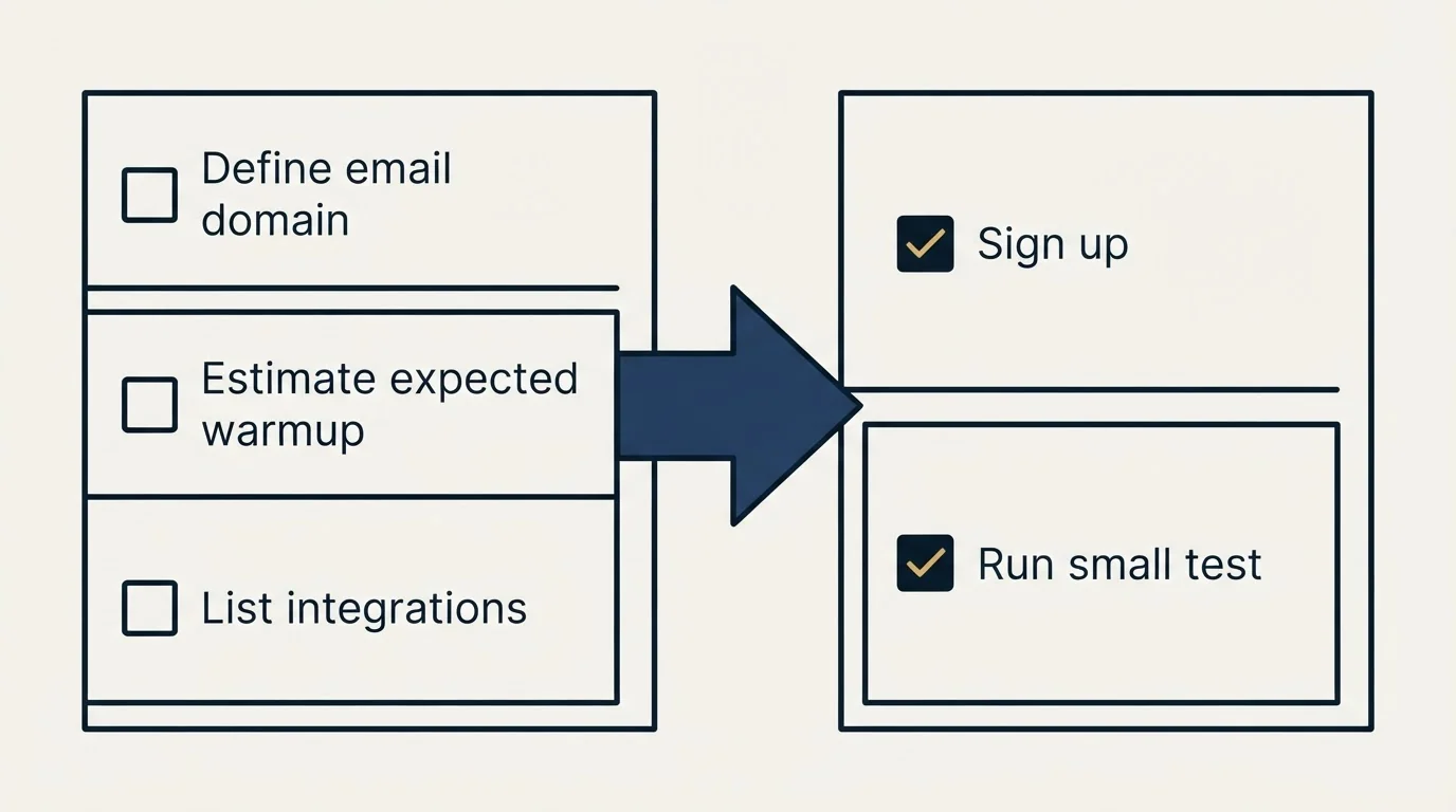 Before-and-after steps: Getting Started Checklist (Define email domain, Estimate expected warmup, List integrations, Sign up)