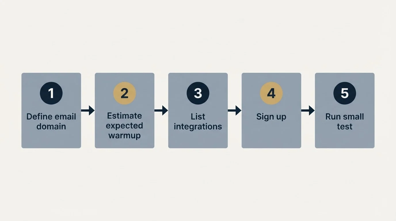 Step sequence: Getting Started Checklist (Define email domain, Estimate expected warmup, List integrations, Sign up)