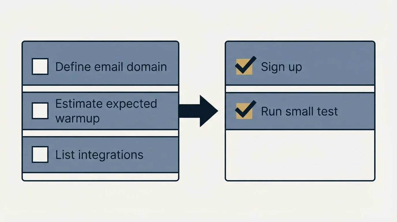 Before-and-after steps: Getting Started Checklist (Define email domain, Estimate expected warmup, List integrations, Sign up)