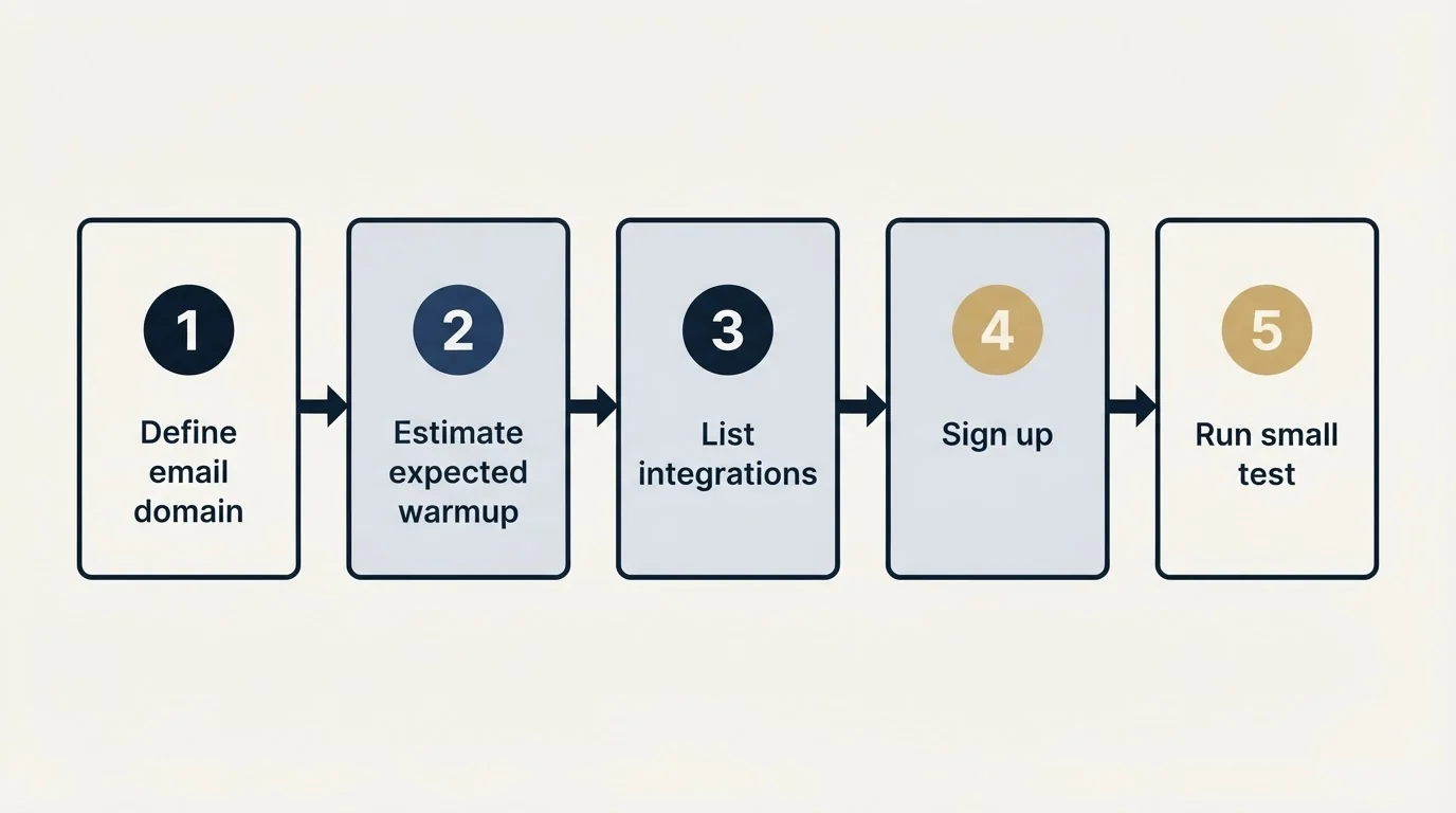 Step sequence: Getting Started Checklist (Define email domain, Estimate expected warmup, List integrations, Sign up)