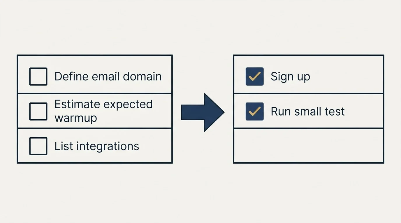 Before-and-after steps: Getting Started Checklist (Define email domain, Estimate expected warmup, List integrations, Sign up)