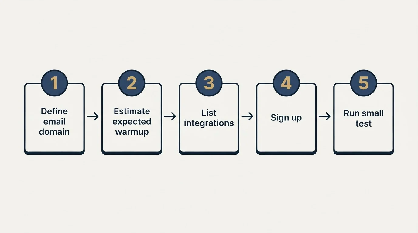 Step sequence: Getting Started Checklist (Define email domain, Estimate expected warmup, List integrations, Sign up)