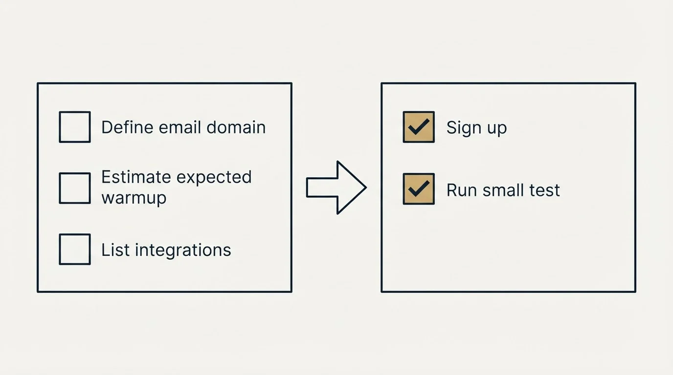 Before-and-after steps: Getting Started Checklist (Define email domain, Estimate expected warmup, List integrations, Sign up)