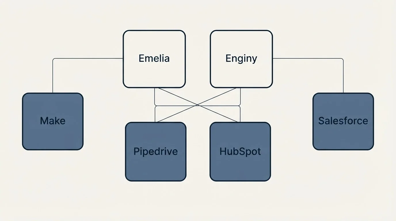 Integration grid: Integration Ecosystem (Emelia, Enginy, Pipedrive, HubSpot)