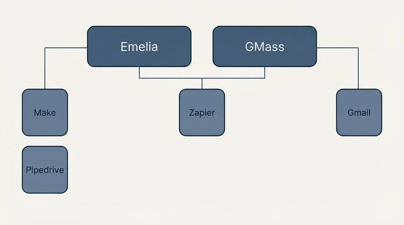 Integration grid: Integration Ecosystem (Emelia, GMass, Zapier, Make)