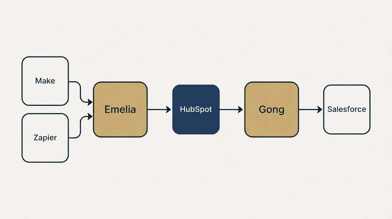 Integration flow: Integration Ecosystem (Emelia, Gong, HubSpot, Make)
