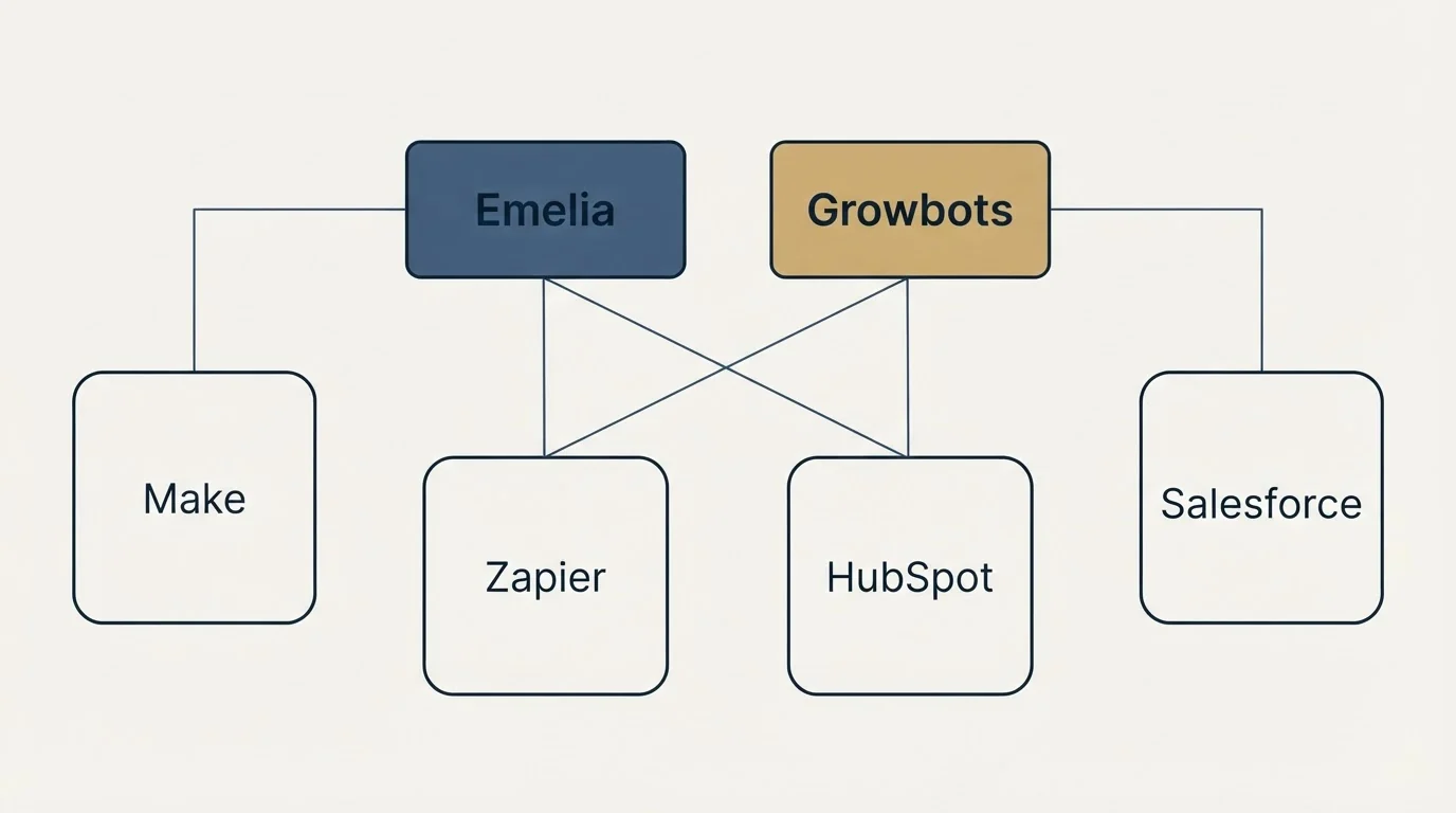 Integration grid: Integration Ecosystem (Emelia, Growbots, Zapier, HubSpot)