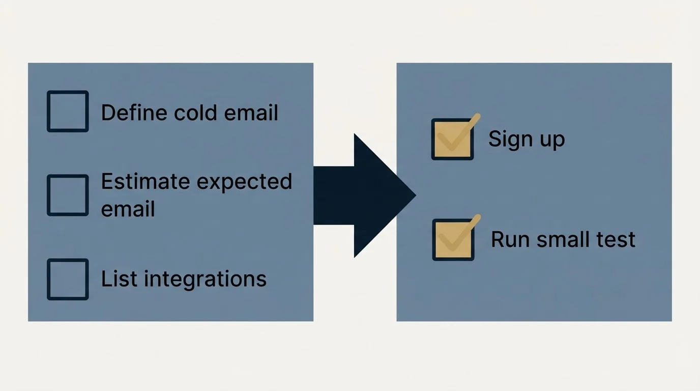 Before-and-after steps: Getting Started Checklist (Define cold email, Estimate expected email, List integrations, Sign up)