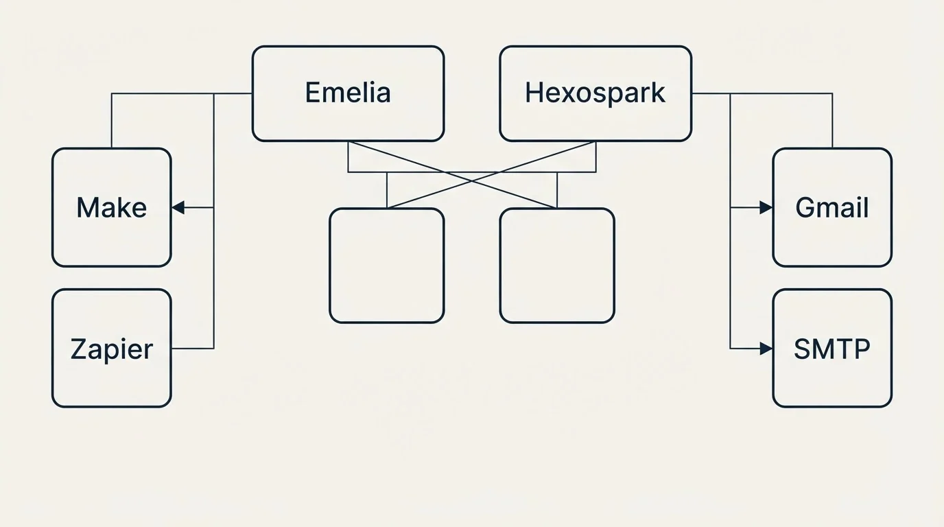 Integration grid: Integration Ecosystem (Emelia, Hexospark, Make, Gmail)