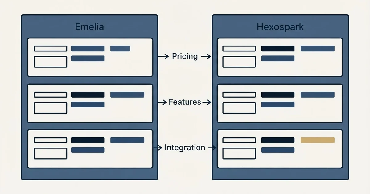 Comparison panel: Emelia vs Hexospark (Pricing, Features, Integration)
