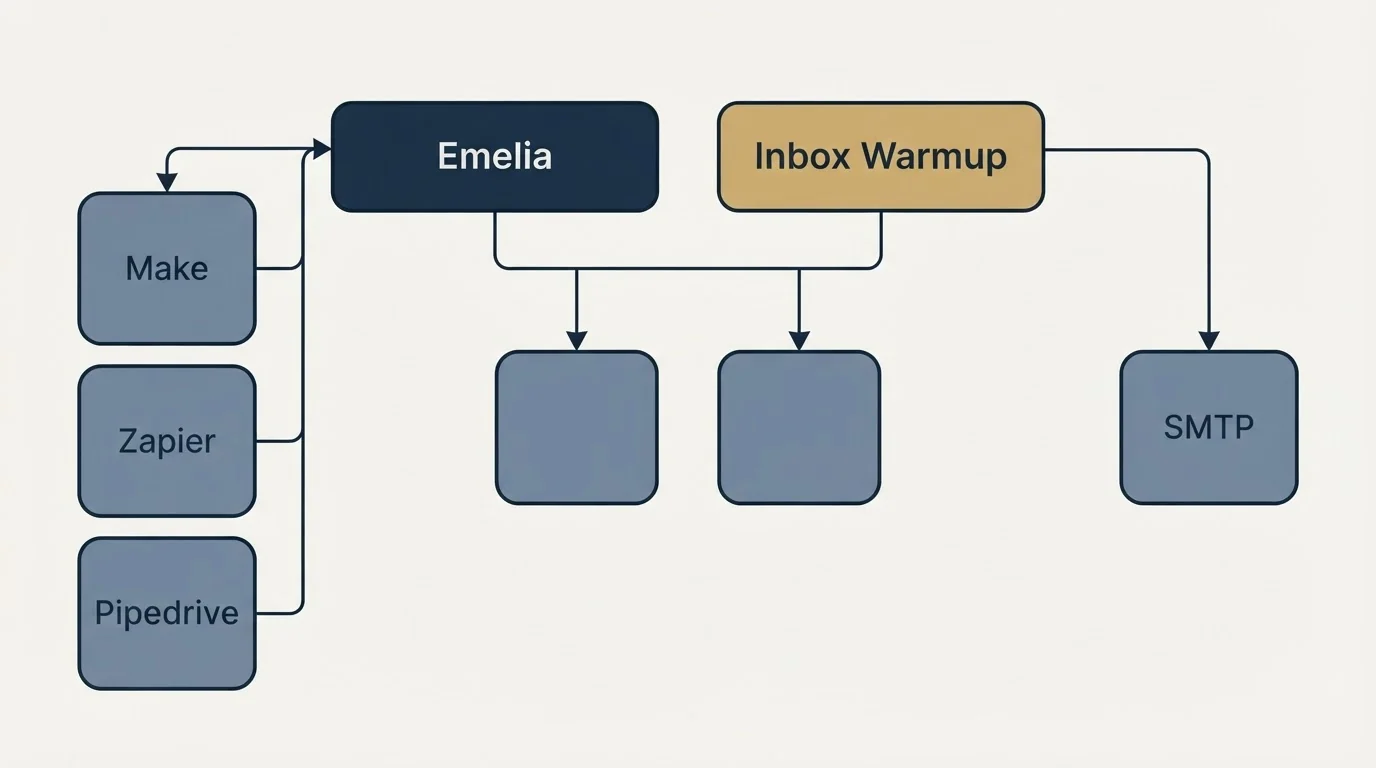 Integration grid: Integration Ecosystem (Emelia, Inbox Warmup, Make, SMTP)
