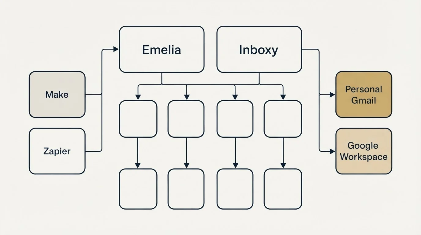 Integration grid: Integration Ecosystem (Emelia, Inboxy, Make, Personal Gmail)