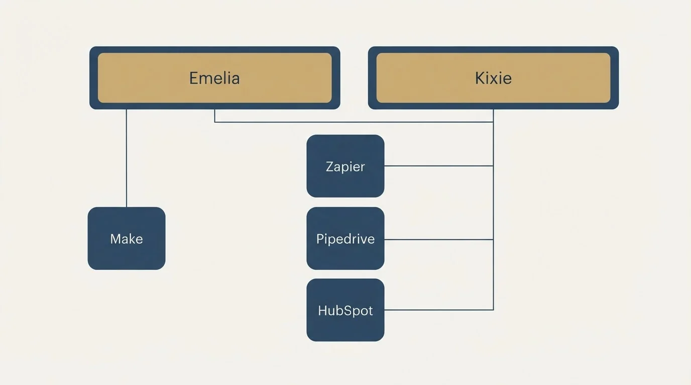 Integration grid: Integration Ecosystem (Emelia, Kixie, Zapier, Pipedrive)