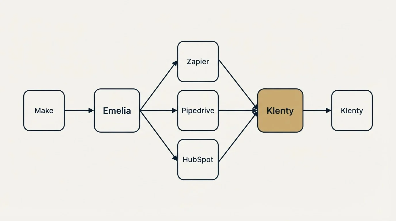 Integration schematic: Integration Ecosystem (Emelia, Klenty, Zapier, Pipedrive)