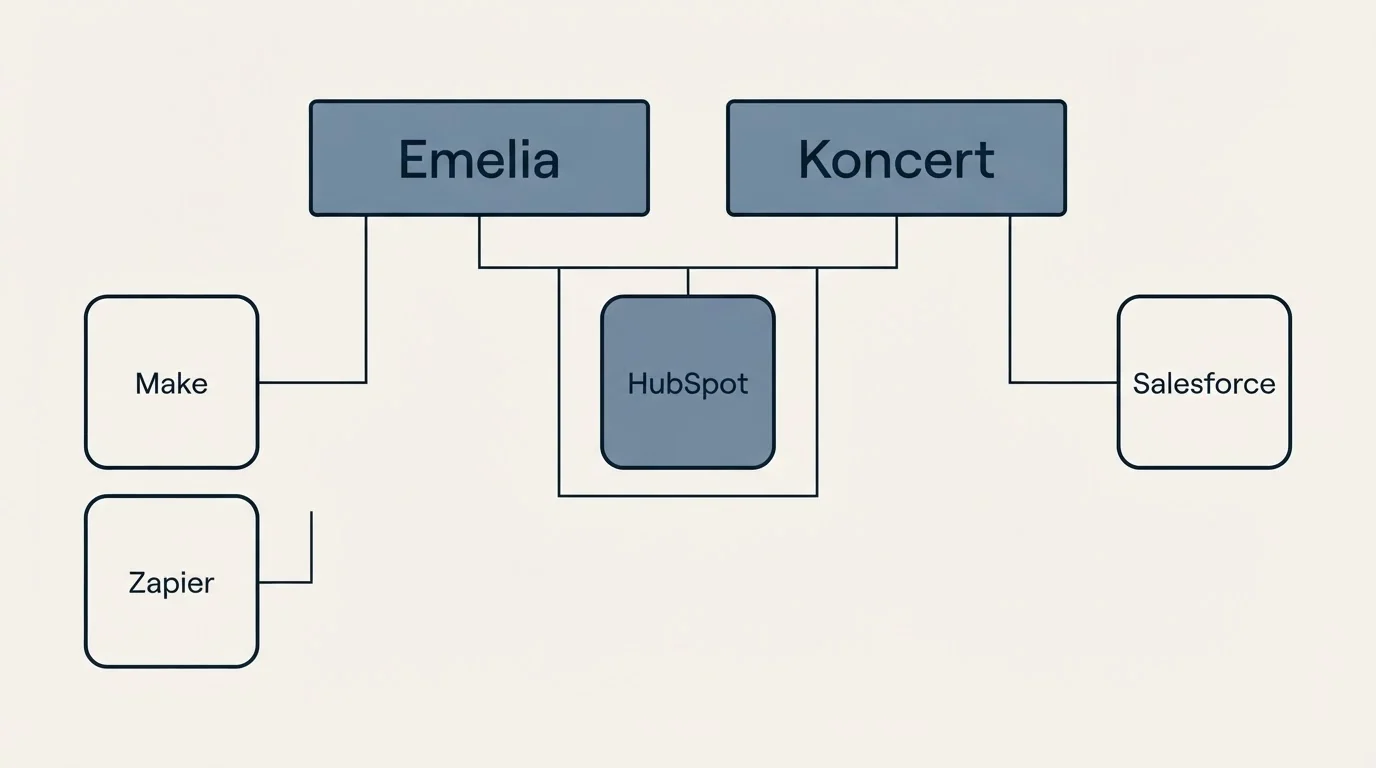 Integration grid: Integration Ecosystem (Emelia, Koncert, HubSpot, Make)