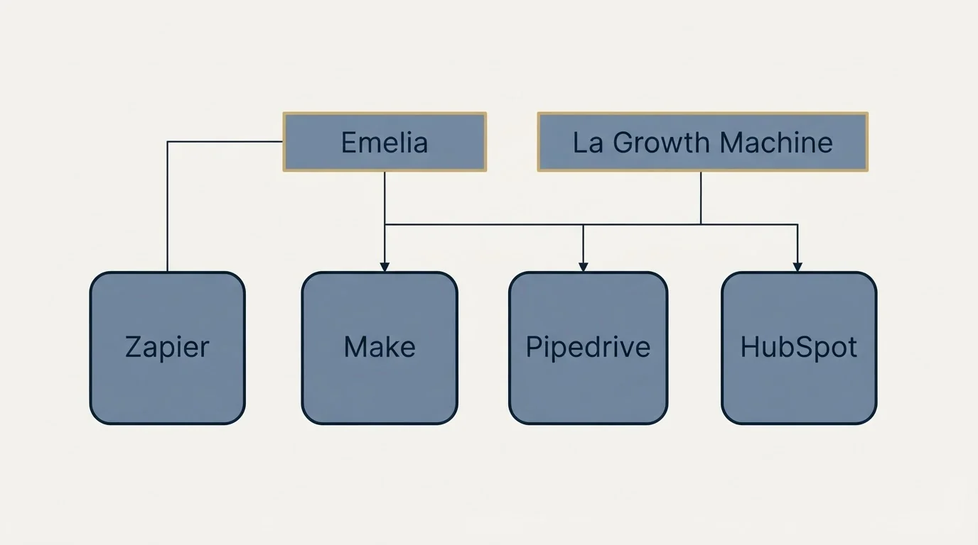 Integration grid: Integration Ecosystem (Emelia, La Growth Machine, Make, Pipedrive)