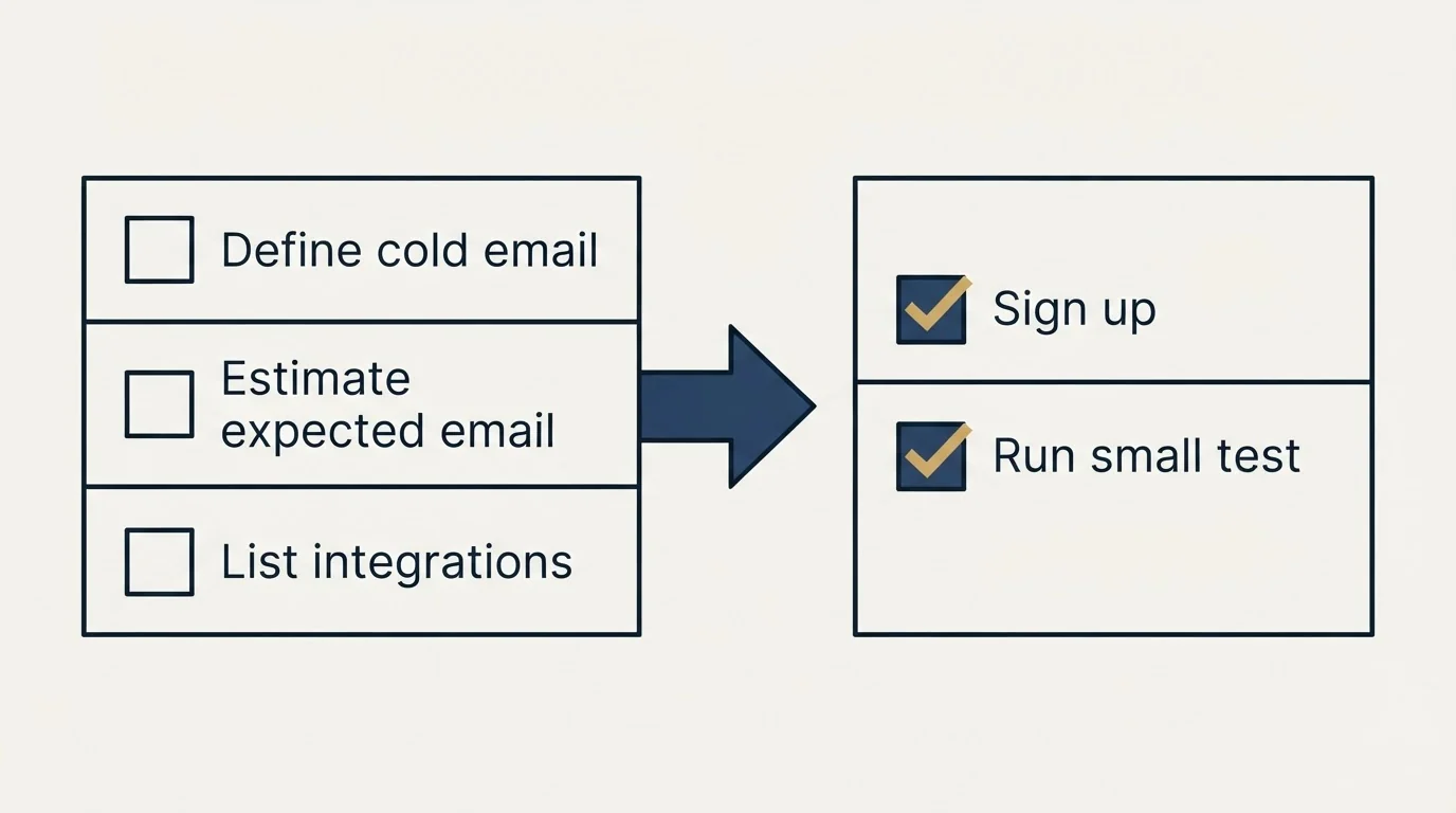 Before-and-after steps: Getting Started Checklist (Define cold email, Estimate expected email, List integrations, Sign up)