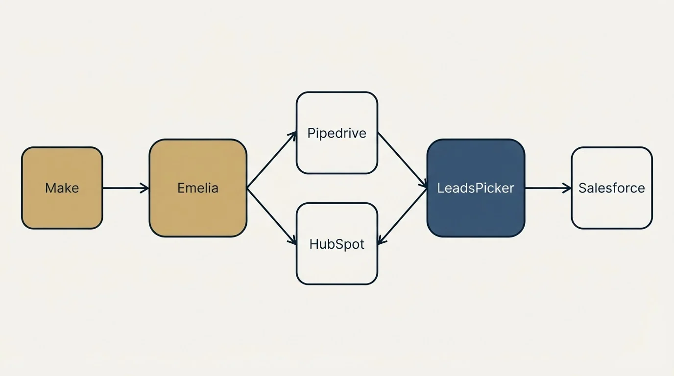 Integration schematic: Integration Ecosystem (Emelia, LeadsPicker, Pipedrive, HubSpot)