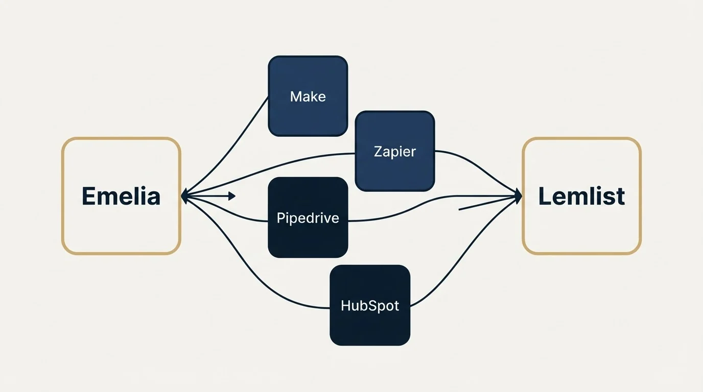 Integration schematic: Integration Ecosystem (Emelia, Lemlist, Make, Zapier)