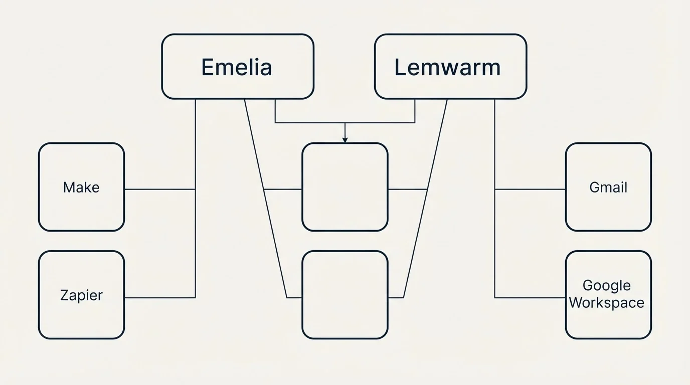 Integration grid: Integration Ecosystem (Emelia, Lemwarm, Make, Gmail)