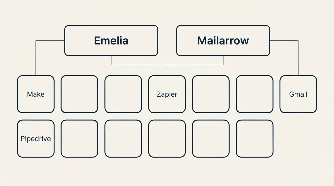 Integration grid: Integration Ecosystem (Emelia, Mailarrow, Zapier, Make)