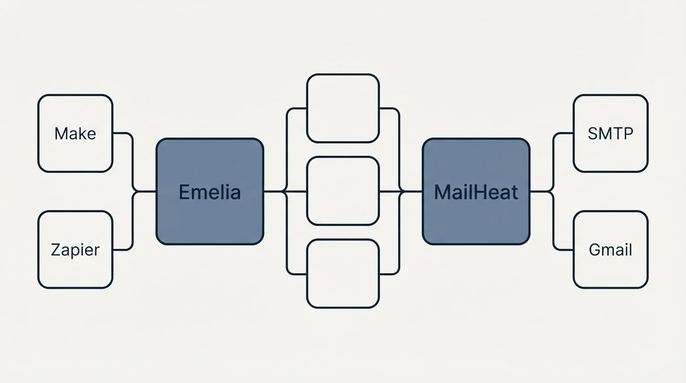 Integration flow: Integration Ecosystem (Emelia, MailHeat, Make, SMTP)