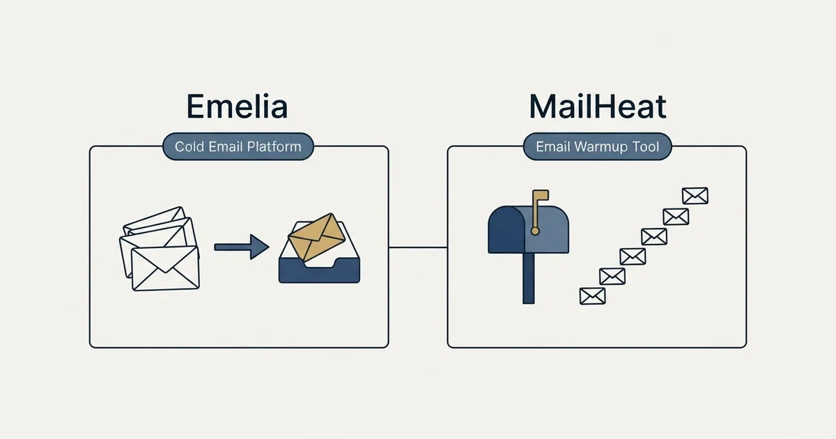 Side-by-side panels: Emelia vs MailHeat (Cold Email Platform, Email Warmup Tool)