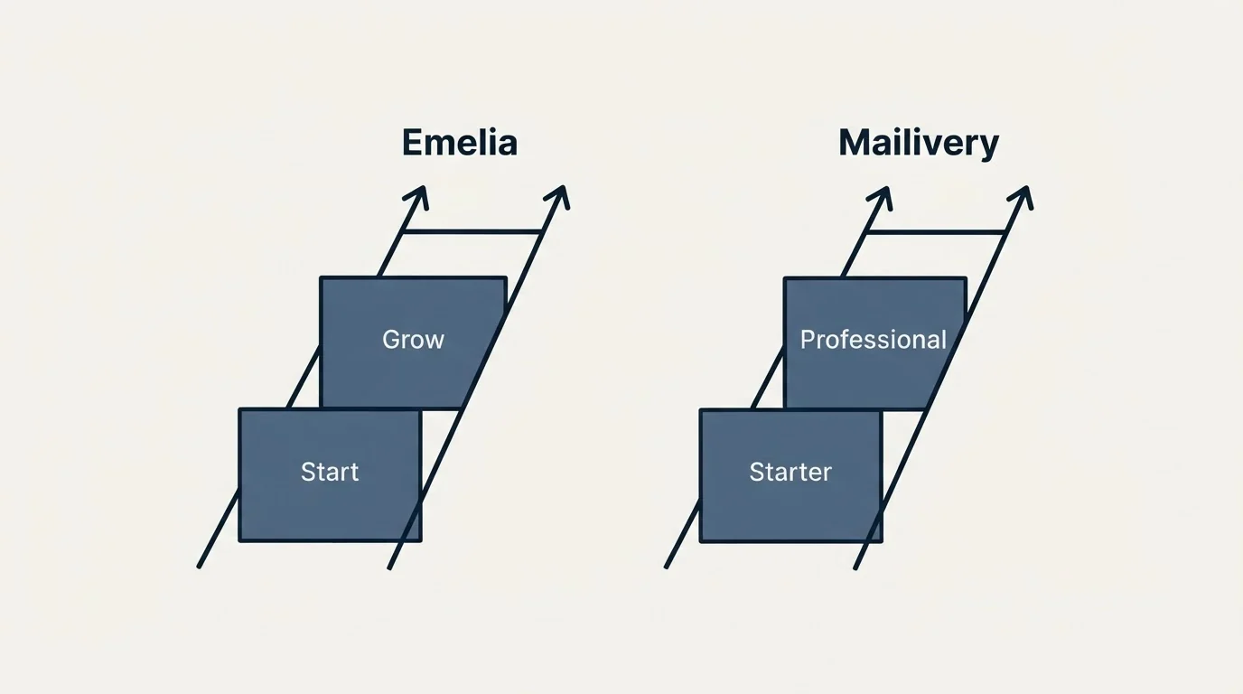 Pricing ladder: Pricing Comparison (Emelia, Mailivery, Start, Starter)
