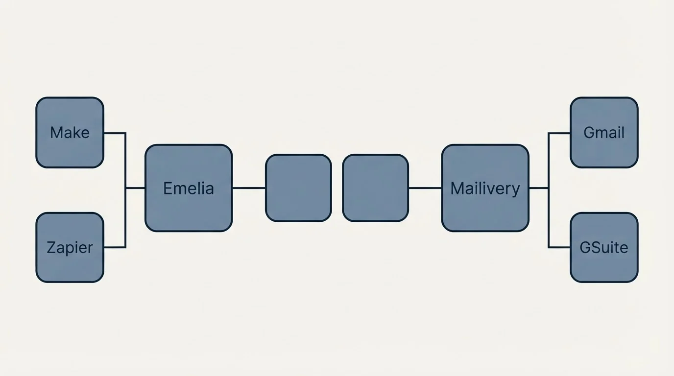 Integration schematic: Integration Ecosystem (Emelia, Mailivery, Make, Gmail)