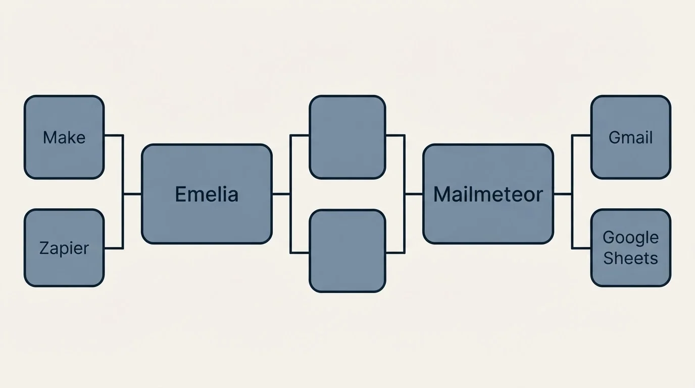 Integration flow: Integration Ecosystem (Emelia, Mailmeteor, Make, Gmail)